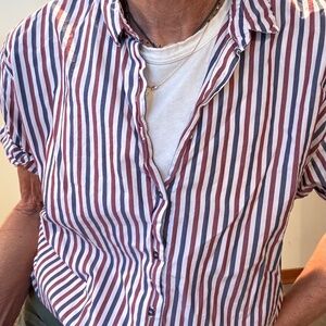 Xirena Channing Shirt,  Small . Blue, deep red , white stripe